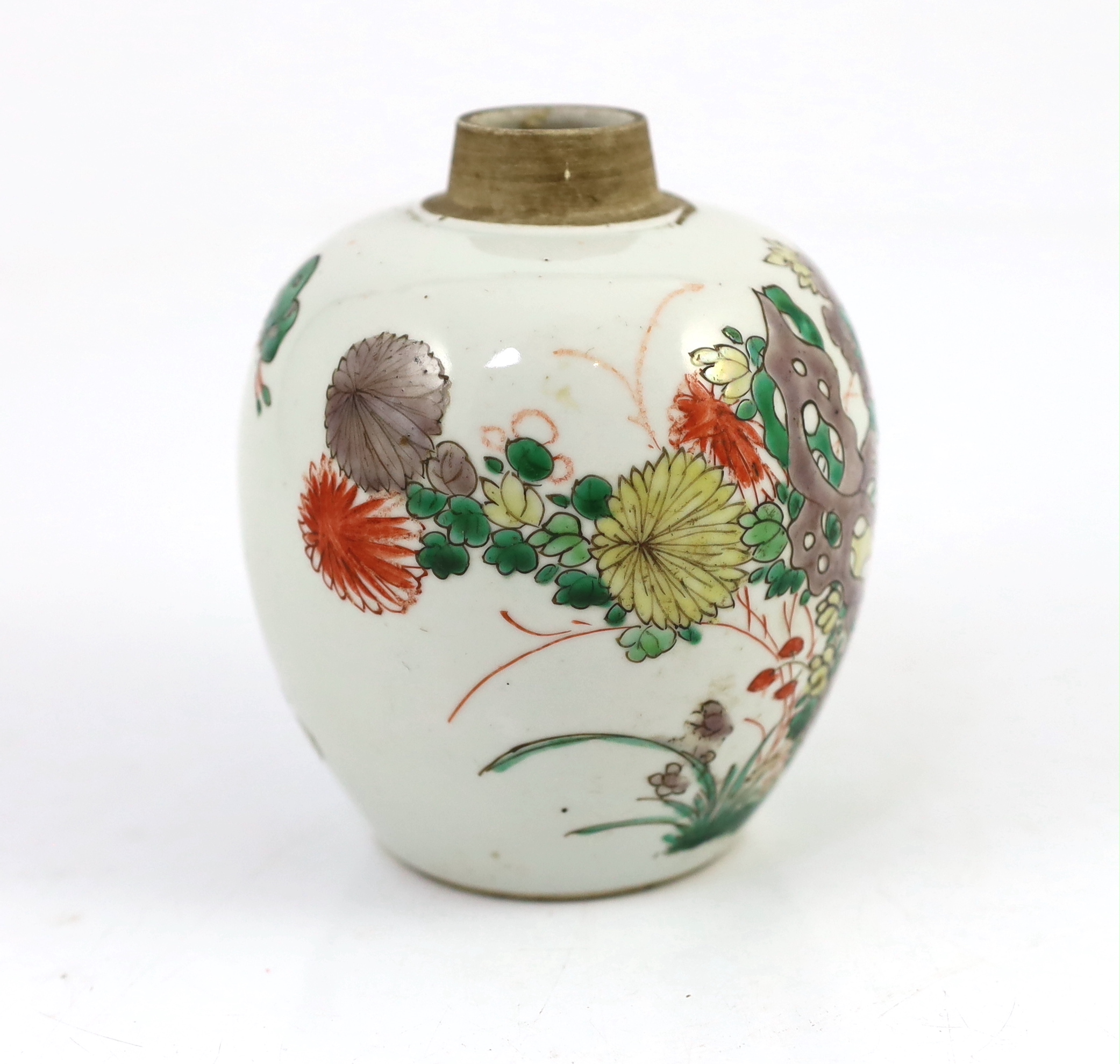 A Chinese famille verte small ovoid jar, Kangxi period, some wear to the iron red enamel